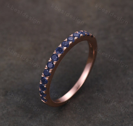 Half Eternity Blue Sandstone Wedding Band Round cut Wedding Band Women Rose Gold Band Dainty Stacking Matching Band Anniversary Ring