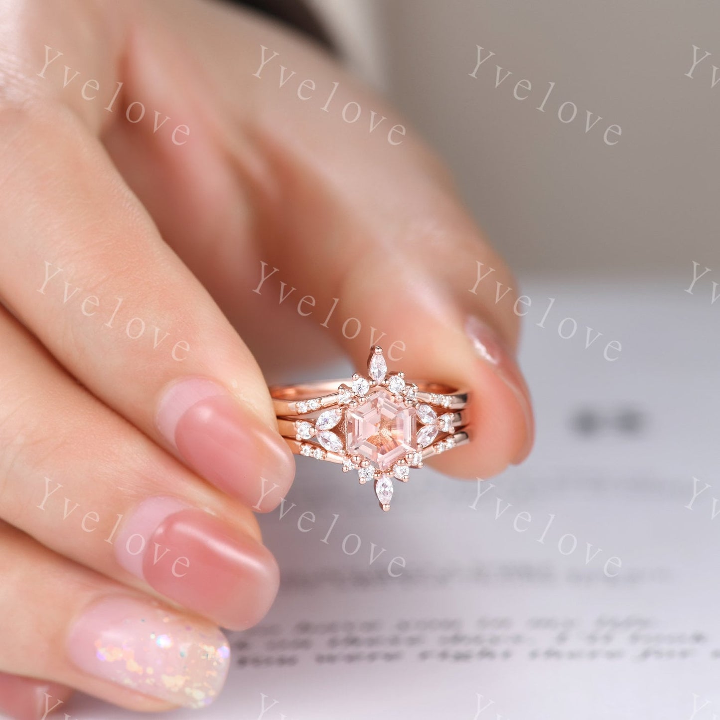 Hexagon Morganite Ring,Morganite Engagement Ring Set,Enhancer Ring,Double Curved band,Women Bridal Ring Stacking Moissanite Wedding Band