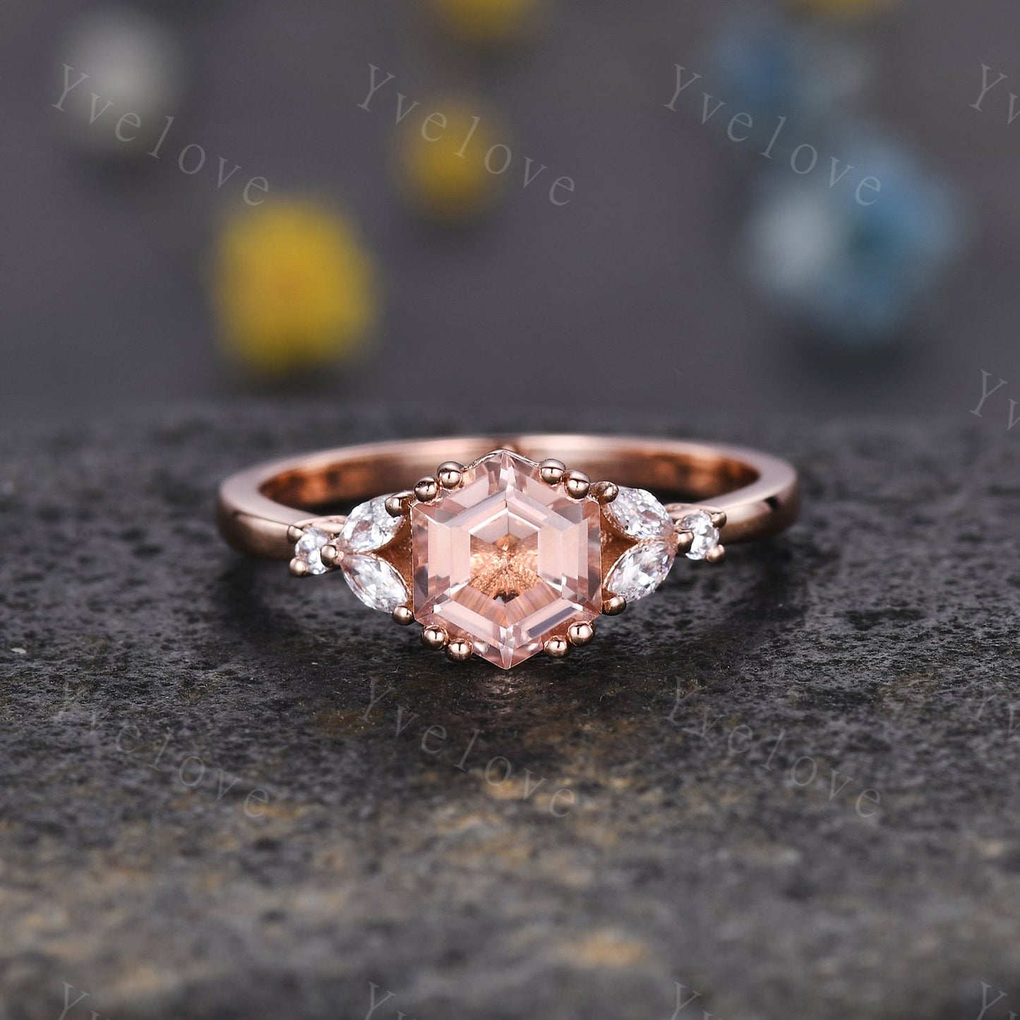 Hexagon Morganite Ring,Morganite Engagement Ring Set,Enhancer Ring,Double Curved band,Women Bridal Ring Stacking Moissanite Wedding Band