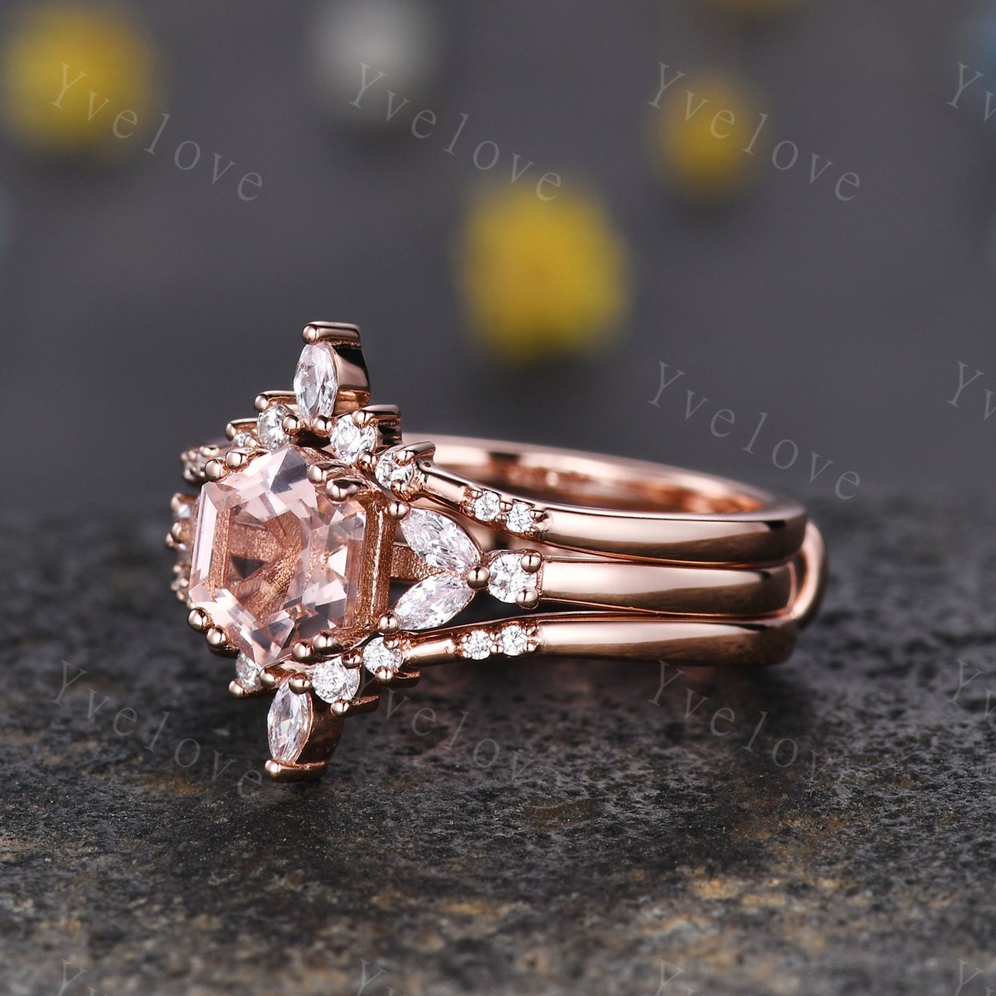 Hexagon Morganite Ring,Morganite Engagement Ring Set,Enhancer Ring,Double Curved band,Women Bridal Ring Stacking Moissanite Wedding Band
