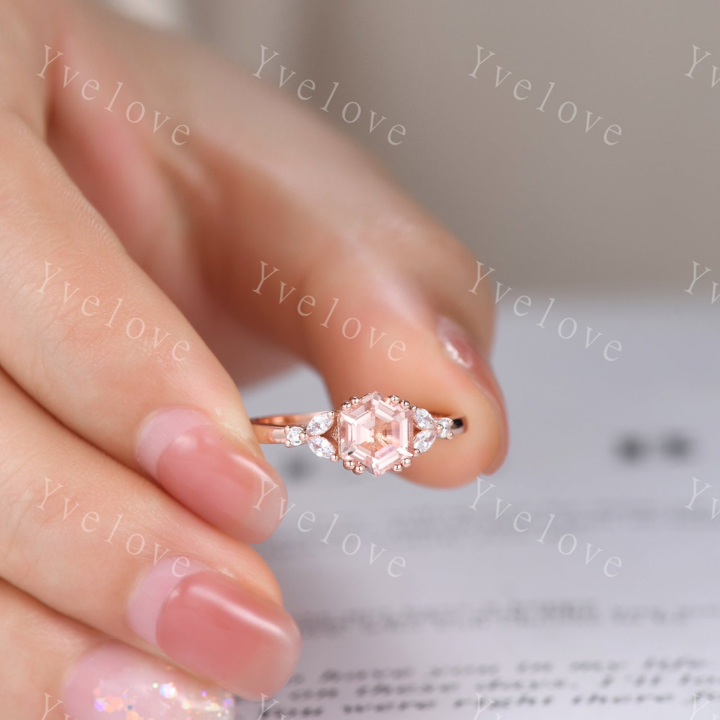 Hexagon Morganite Ring,Morganite Engagement Ring Set,Enhancer Ring,Double Curved band,Women Bridal Ring Stacking Moissanite Wedding Band