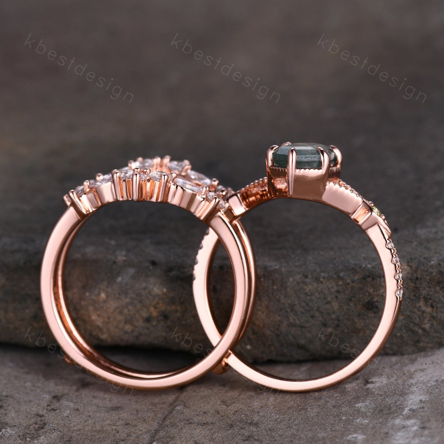 Vintage Hexagon cut Moss Agate Ring Rose Gold Engagement Ring Set Unique Double Curved Moissanite Band Art Deco Wedding Bridal Ring Set