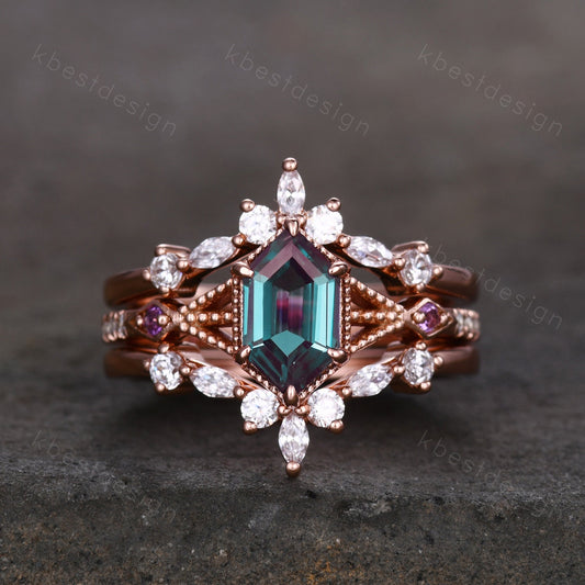Vintage Alexandrite Engagement Ring Set Unique Rose Gold Hexagon cut ring Moissanite Wedding Band Art deco Milgrain Anniversary Promise Ring