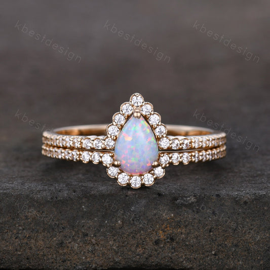 Delicate Opal Engagement Ring Set, 14K Solid Gold Opal Wedding Ring, Pear Shaped Bridal Set, Art Deco Stacking Band, Anniversary Ring