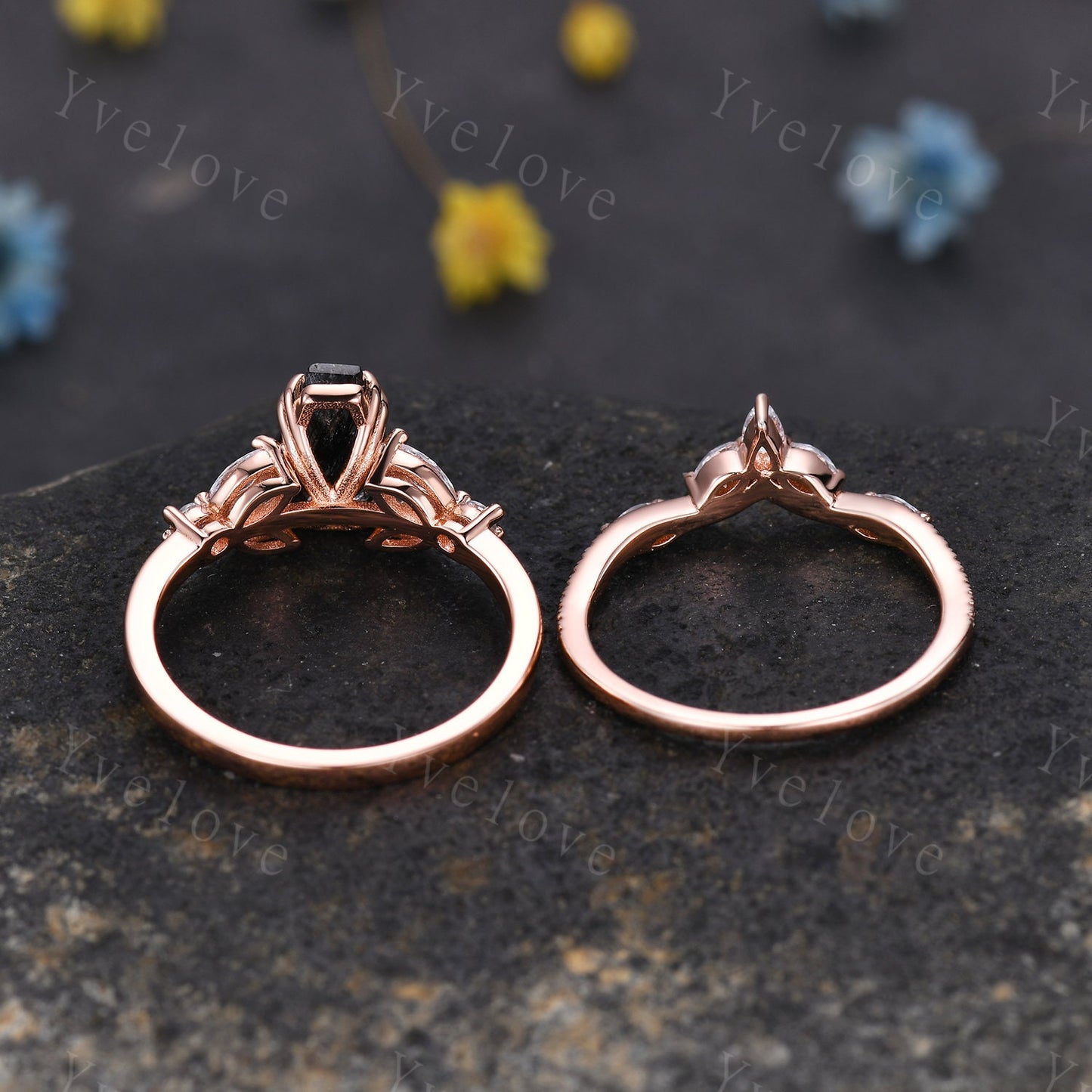 Vintage coffin shaped pink sapphire ring set moissanite wedding ring Unique sapphire engagement ring solid 14k rose gold bridal promise ring