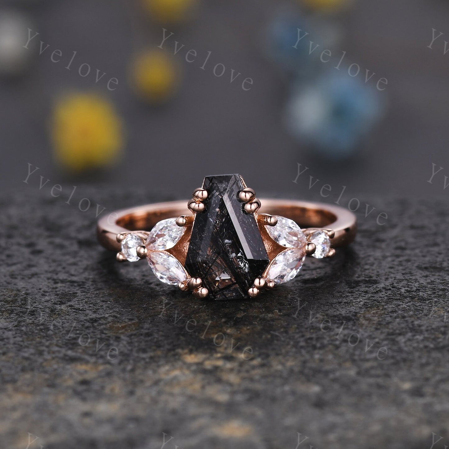 Vintage coffin shaped black quartz ring set moissanite wedding ring Unique rutilated quartz engagement ring rose gold bridal promise ring