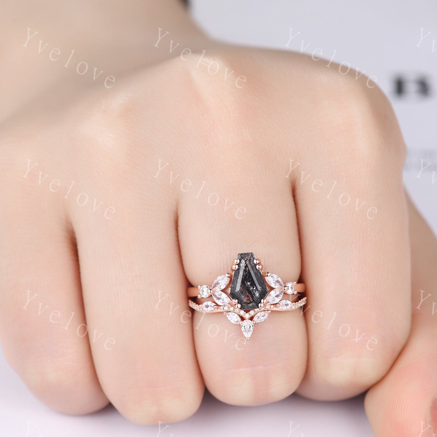 Vintage coffin shaped black quartz ring set moissanite wedding ring Unique rutilated quartz engagement ring rose gold bridal promise ring