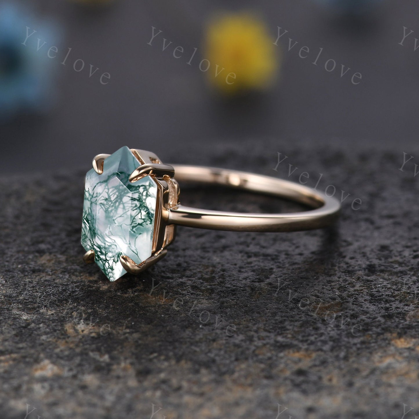 Vintage Long Hexagon Moss Aate engagement ring,Unique Green Agate Wedding Ring,Solitaire Ring,Dainty Ring,Promise Stacking Ring,Gift For Her