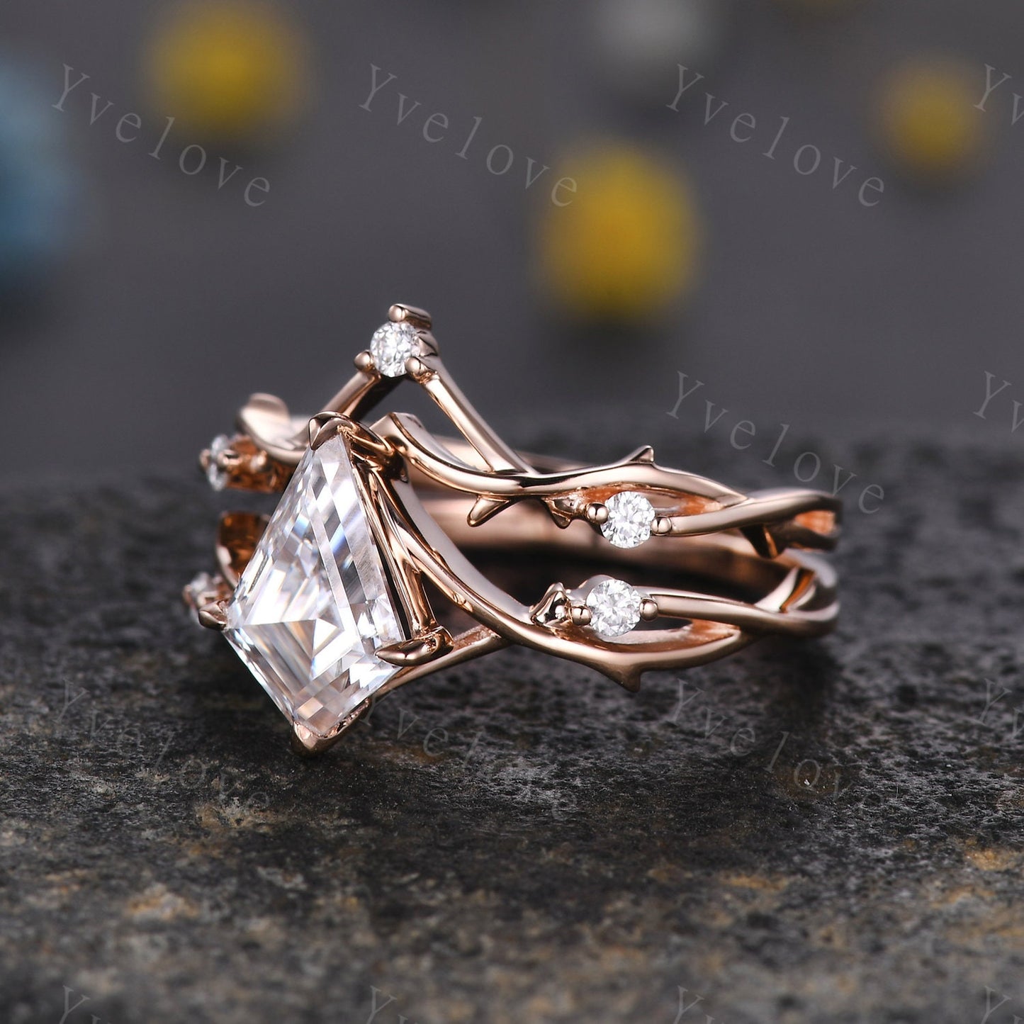 Vintage Kite Shaped Moissanite Engagement Ring Set,Twisted Ring,Leaf Vines Moissanite Bridal Set,Branch Ring,Dainty Twig Diamond Ring Gift