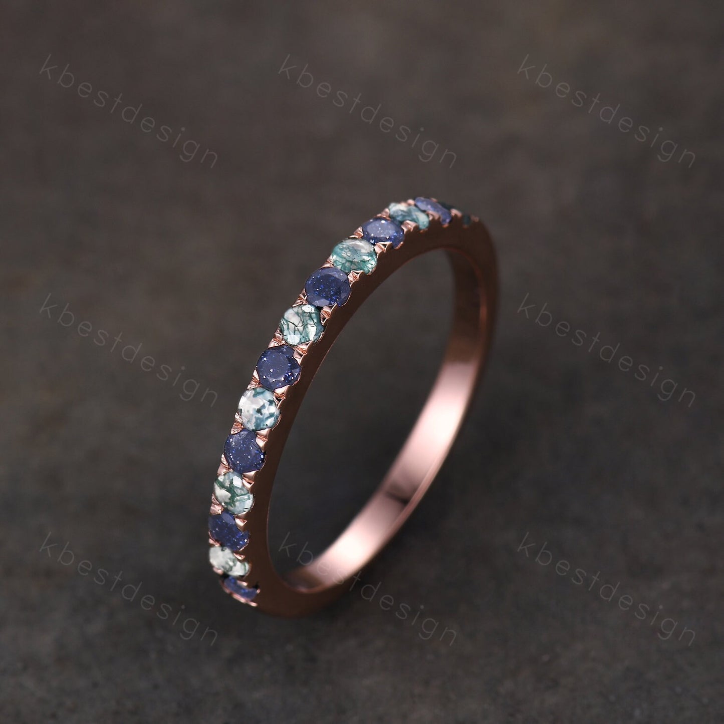 Round cut Blue Sandstone Wedding Band 2mm Half Eternity Band Moss Agate Wedding Band Gemstone Band Rose Gold Ring Anniversary Gift
