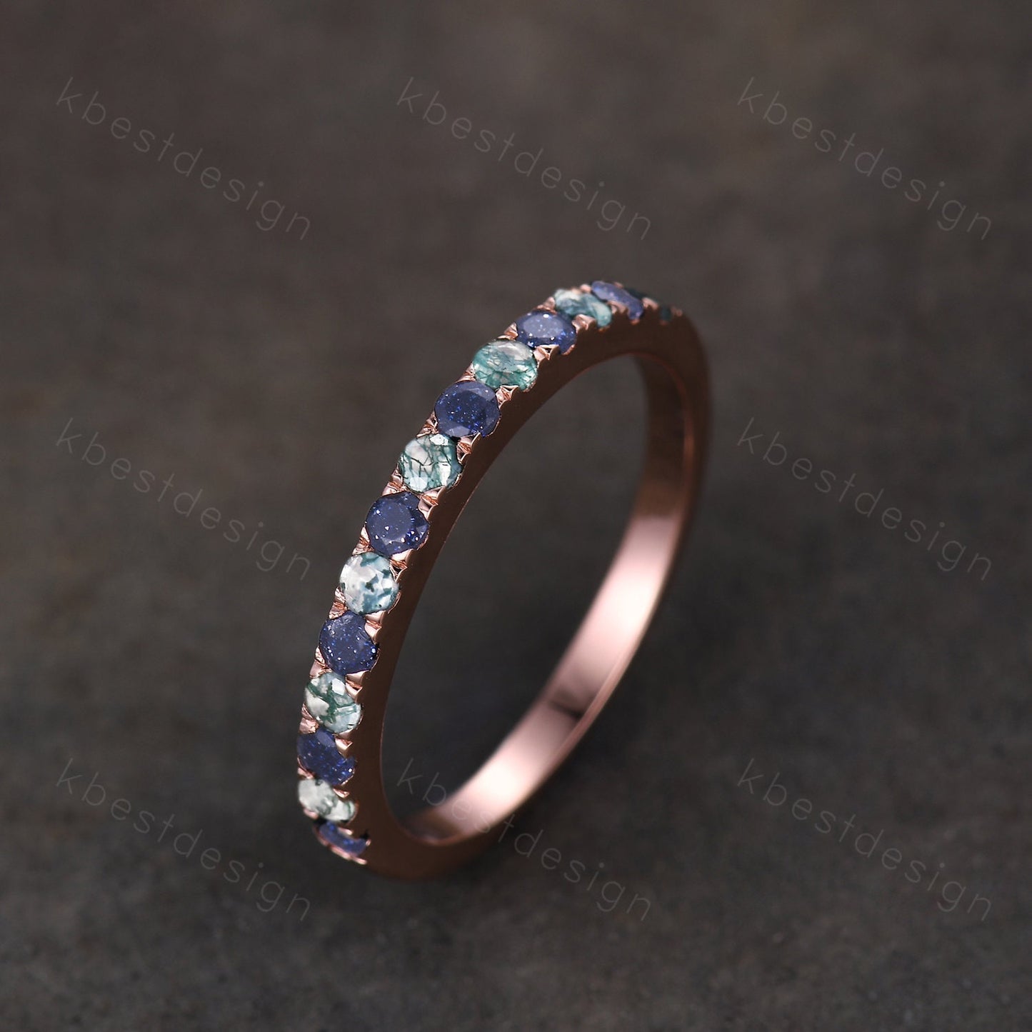 Round cut Blue Sandstone Wedding Band 2mm Half Eternity Band Moss Agate Wedding Band Gemstone Band Rose Gold Ring Anniversary Gift
