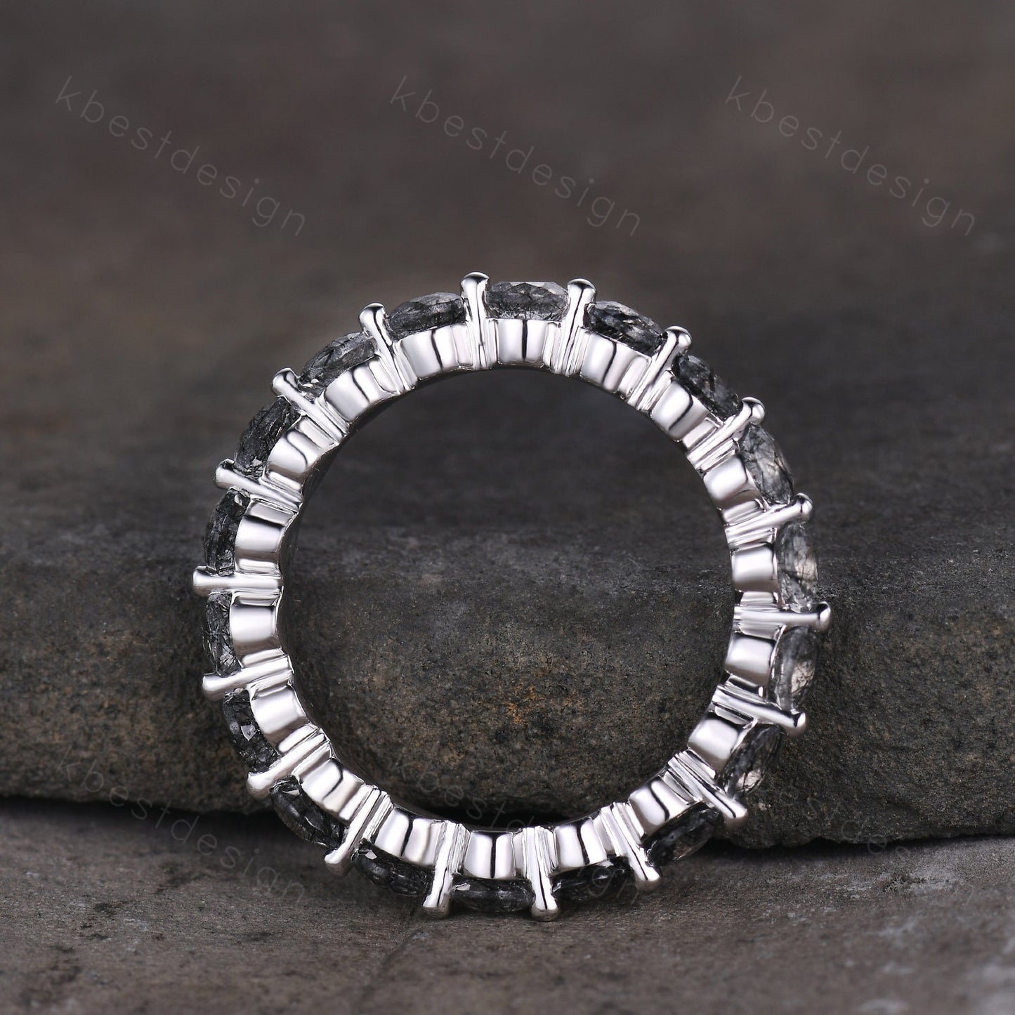 3MM Round Cut Natural Black Rutilated Quartz Wedding Ring Unique Black Gemstone Eternity Band Sterling Silver Ring Promise Ring Antique Ring