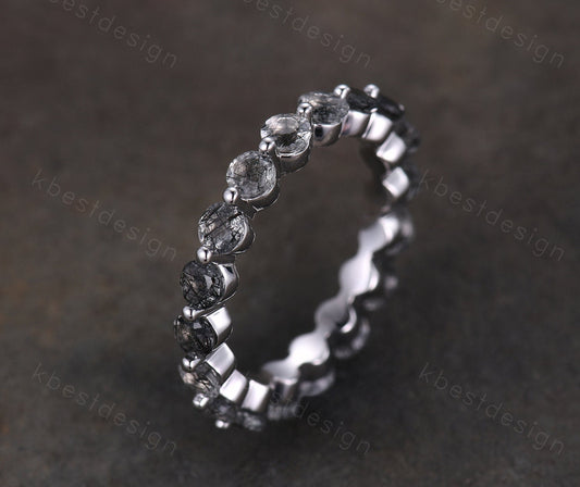 3MM Round Cut Natural Black Rutilated Quartz Wedding Ring Unique Black Gemstone Eternity Band Sterling Silver Ring Promise Ring Antique Ring