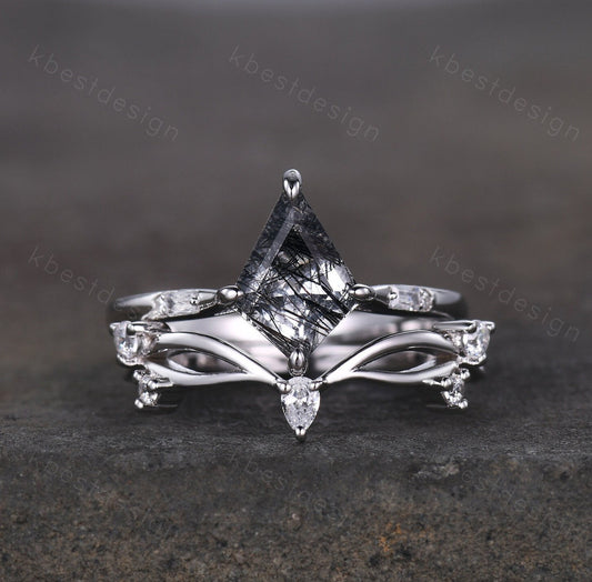 Vintage black rutilated quartz engagement ring 14k white gold kite cut ring art deco curved moissanite stacking band unique bridal ring set