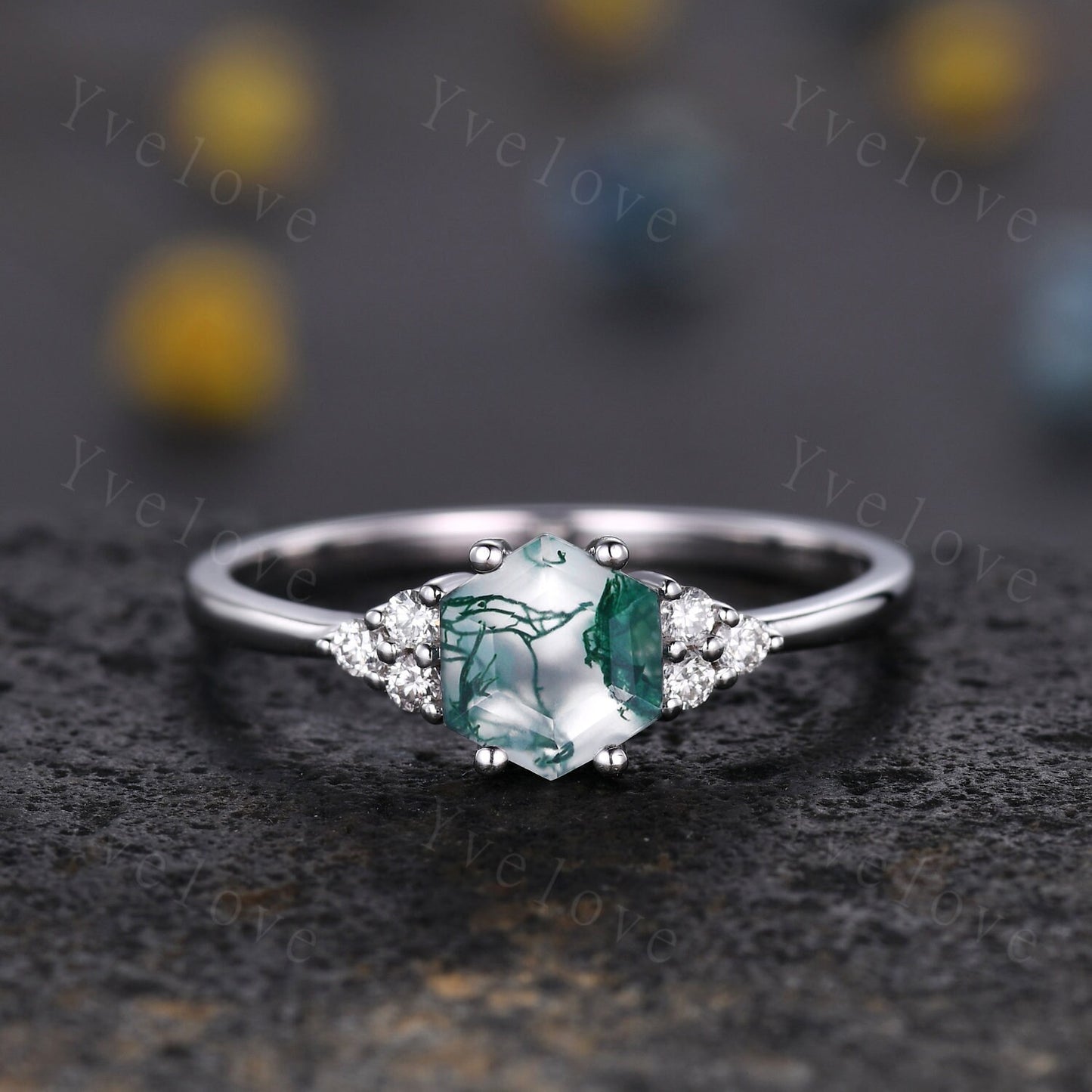 Retro hexagon Moss Agate Ring,Vintage Sterling Silver Ring Set,Unique Agate Engagement Ring,Promise Ring,Anniversary Ring Gift For Her