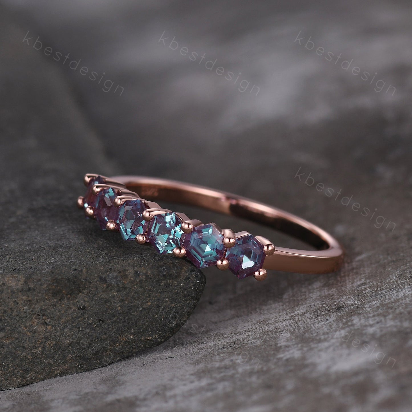Hexagon cut Alexandrite wedding ring Unique rose gold wedding band 6-stone ring Minimalist Bridal matching stackable band June Birthstone