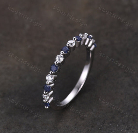 Half eternity blue sandstone Moissanite wedding band sterling silver ring 2mm round cut stacking matching band Minimalist anniversary ring