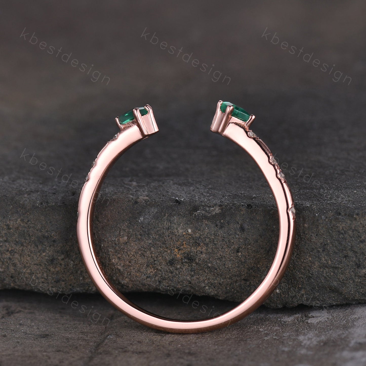 Open Gap Emerald Wedding Band, Rose Gold Kite cut Wedding Ring, Unique Moissanite Stacking Band, Art Deco Wedding Anniversary Ring Gift