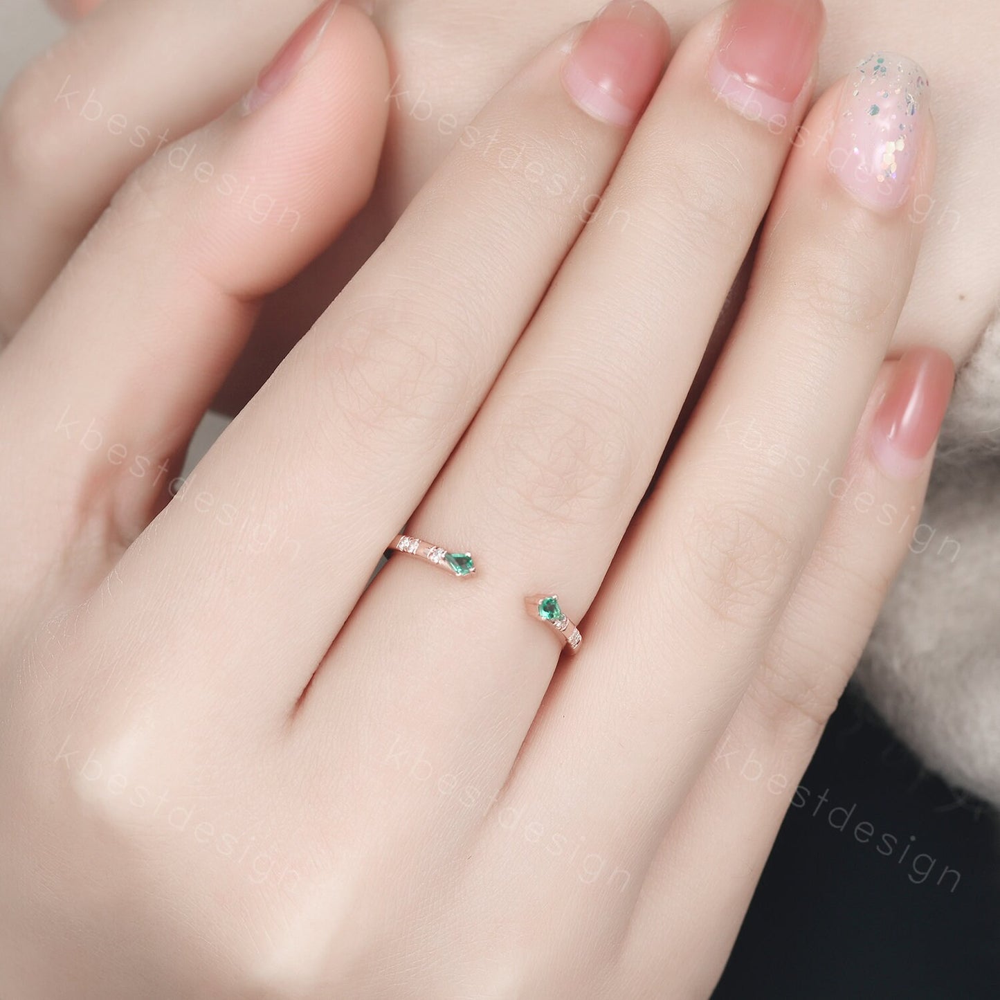 Open Gap Emerald Wedding Band, Rose Gold Kite cut Wedding Ring, Unique Moissanite Stacking Band, Art Deco Wedding Anniversary Ring Gift