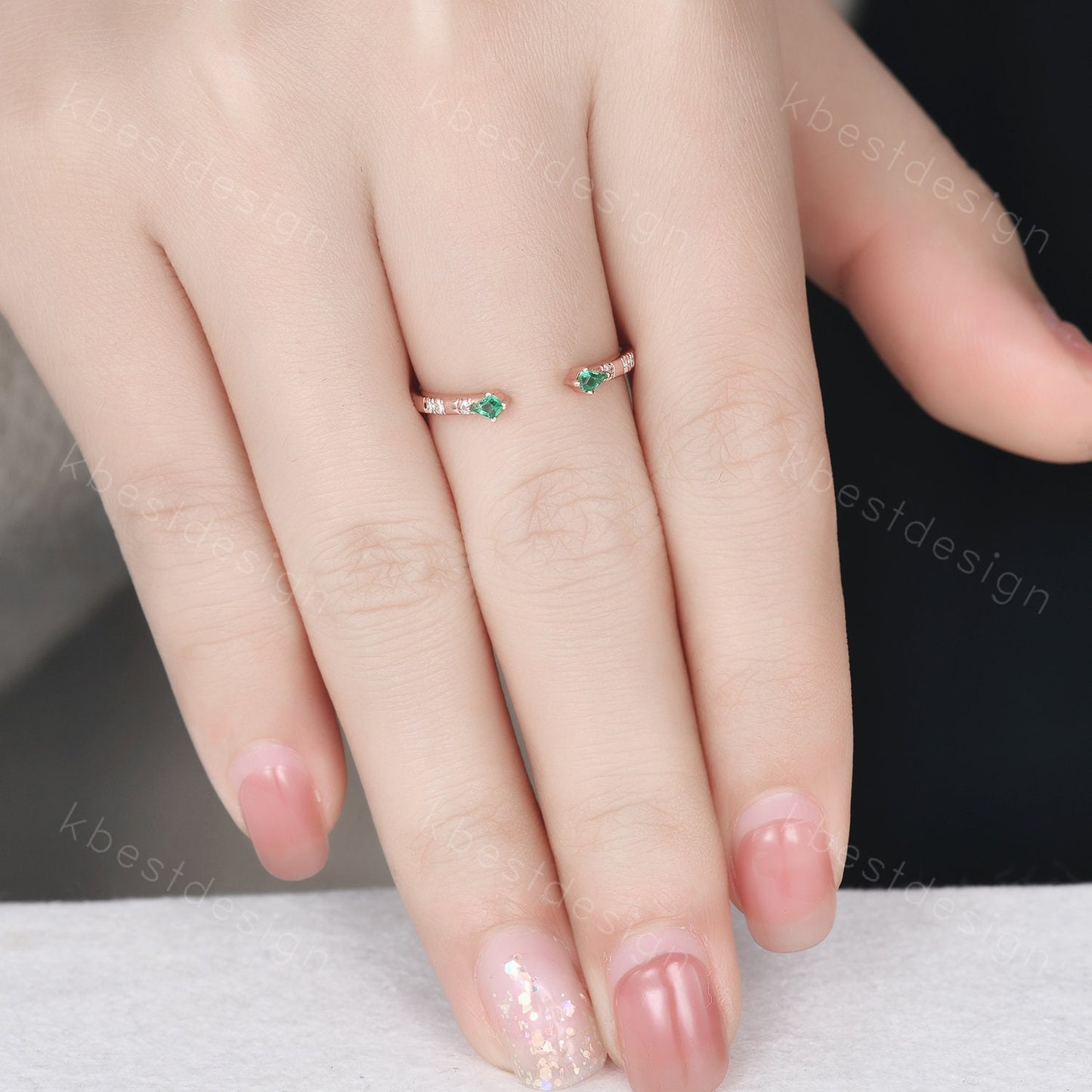 Open Gap Emerald Wedding Band, Rose Gold Kite cut Wedding Ring, Unique Moissanite Stacking Band, Art Deco Wedding Anniversary Ring Gift