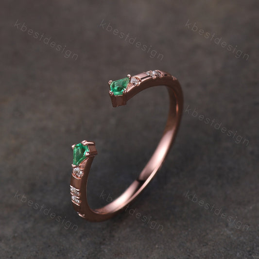 Open Gap Emerald Wedding Band, Rose Gold Kite cut Wedding Ring, Unique Moissanite Stacking Band, Art Deco Wedding Anniversary Ring Gift