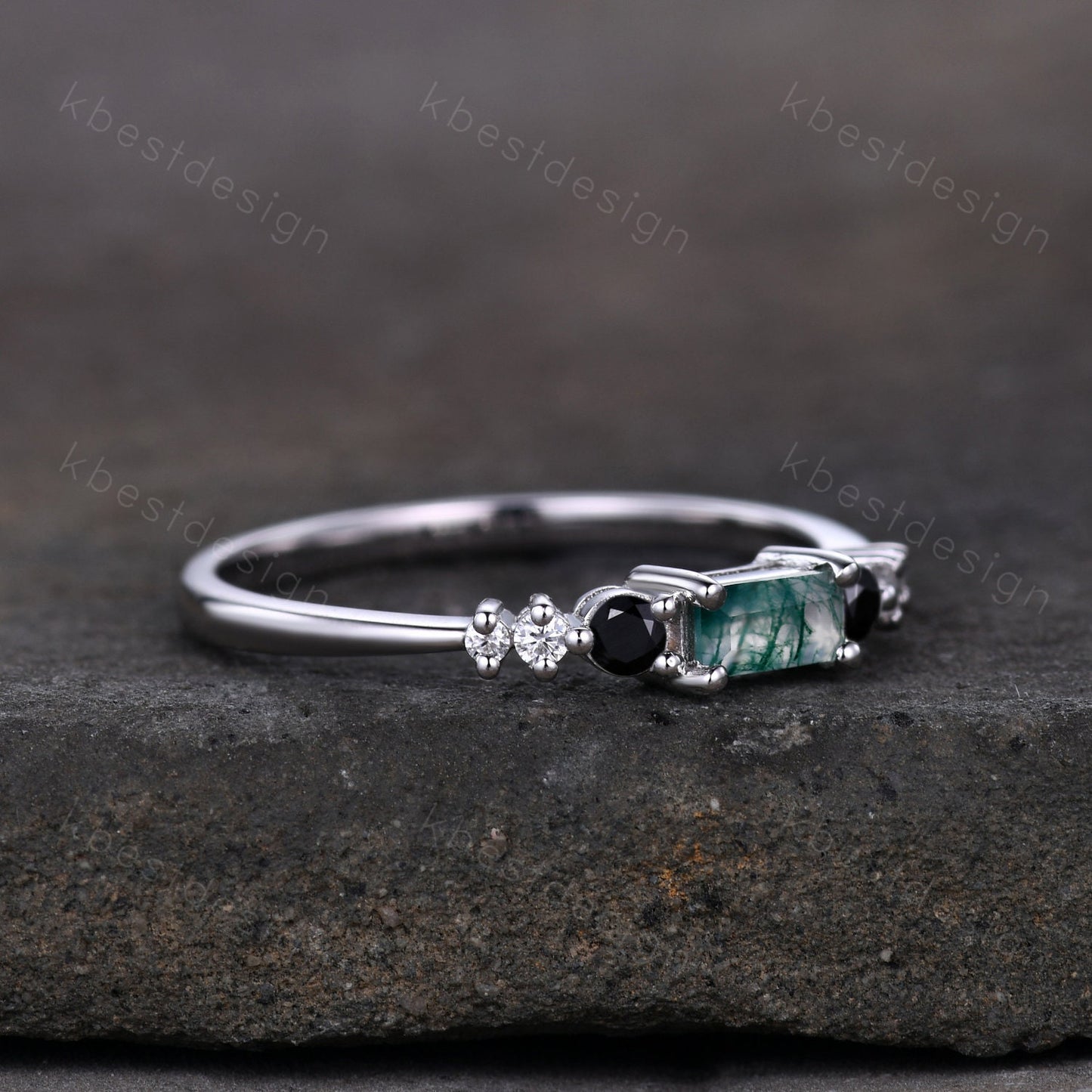 Baguette cut Moss Agate Wedding Band Unique Sterling Silver Band Antique Black Spinel Ring Minimalist Bridal Matching Stackable band