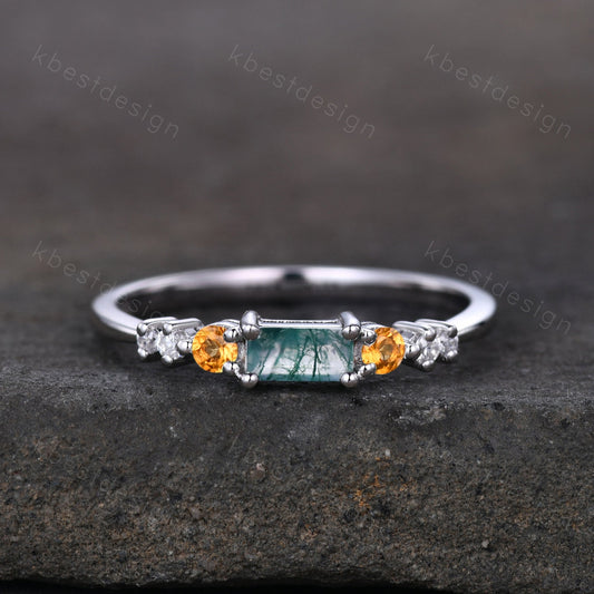 Baguette cut Moss Agate Wedding Band Unique Citrine Sterling Silver Band Antique Moissanite Ring Unique Bridal Matching Stackable band