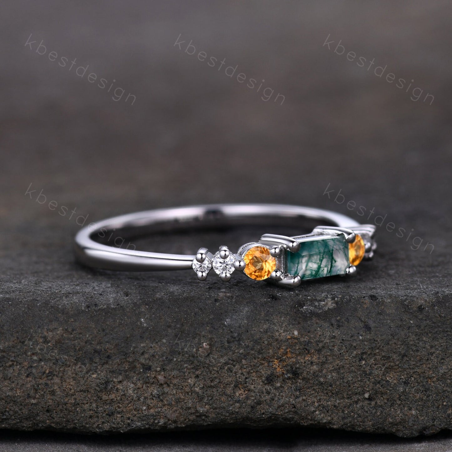 Baguette cut Moss Agate Wedding Band Unique Citrine Sterling Silver Band Antique Moissanite Ring Unique Bridal Matching Stackable band