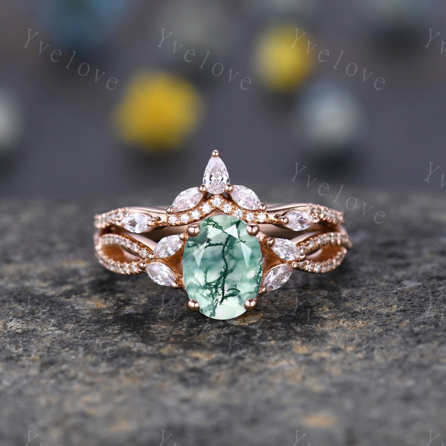 Art Deco Oval Moss Agate engagement ring set 14k Gold Green Aagte Ring Unique Bridal set Diamond wedding Curved Band Vintage Promise Gift