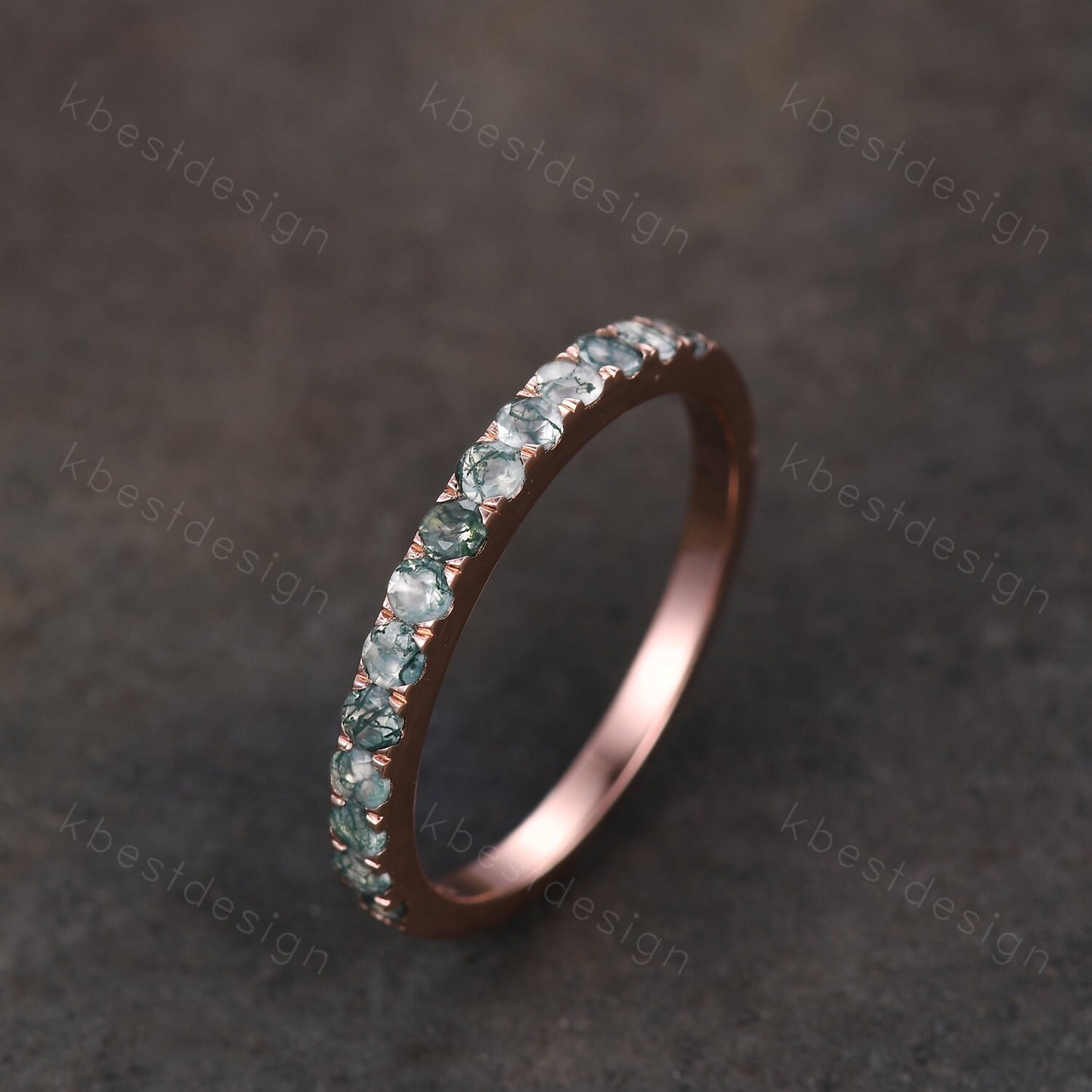 2MM Round cut Moss Agate Wedding Band Rose Gold Half Eternity Wedding Band Natural Moss Agate Stacking Band Minimalist Bridal Promise Gift