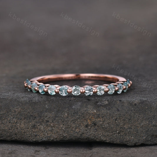 Rose Gold Moss Agate Wedding Band, 2MM Round Cut Wedding Band, Minimalist Stacking Matching Band, Half Eternity Band, Anniversary Gift