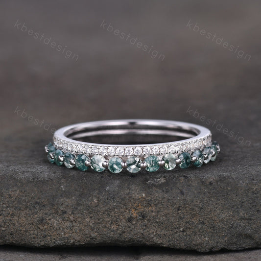 Vintage Moss Agate Wedding Band Silver Moissanite Stacking Band Art Deco Double Band Unique Bridal Promise Gift Platinum Ring