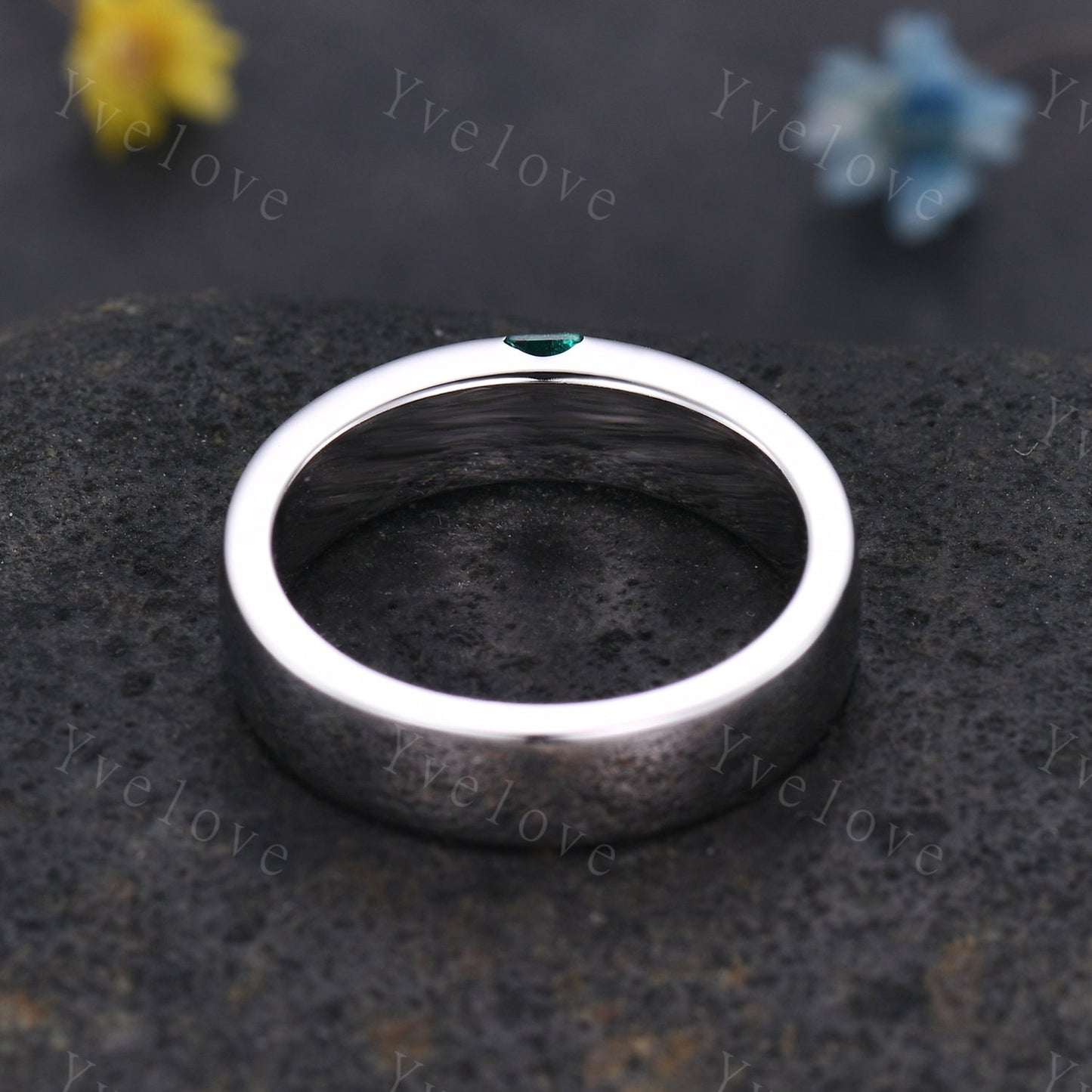 Mens Emerald Wedding Band Princess Cut Green Emerald Band 5mm 925 Silver Ring Mens Solitaire Stacking Matching Band Retro Vintage Ring Gift