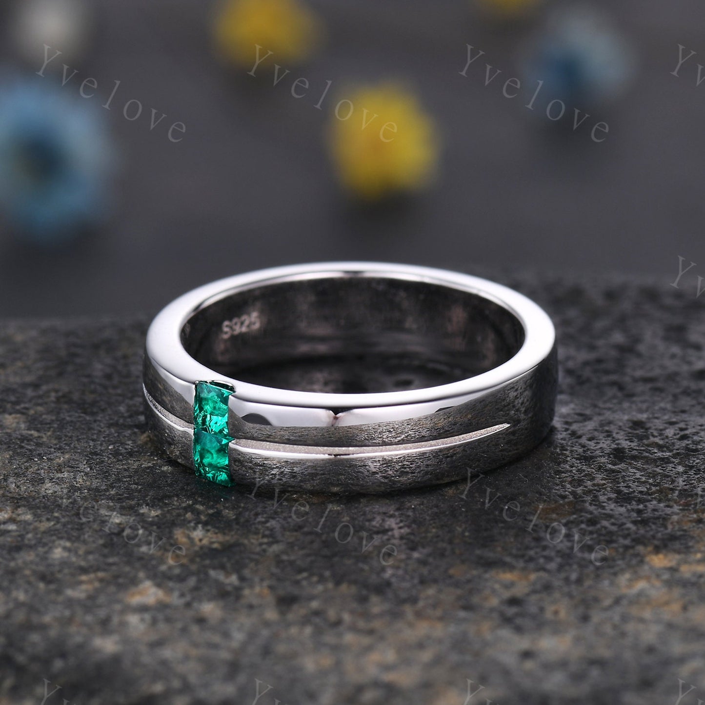 Mens Emerald Wedding Band Princess Cut Green Emerald Band 5mm 925 Silver Ring Mens Solitaire Stacking Matching Band Retro Vintage Ring Gift
