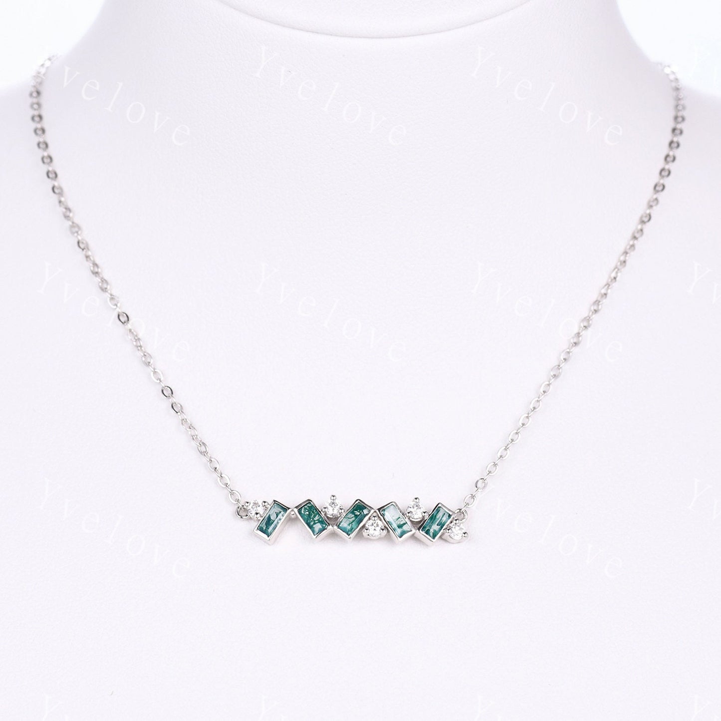 Baguette Moss Agate Necklace,Art Deco Moissanite Diamond Pendant Delicate Dainty Necklace,White Gold Necklace,Amulet,friendship Gift For Her