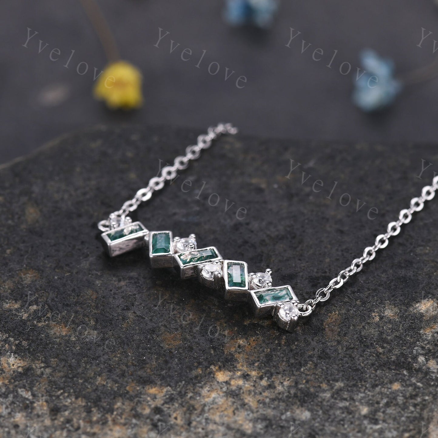 Baguette Moss Agate Necklace,Art Deco Moissanite Diamond Pendant Delicate Dainty Necklace,White Gold Necklace,Amulet,friendship Gift For Her