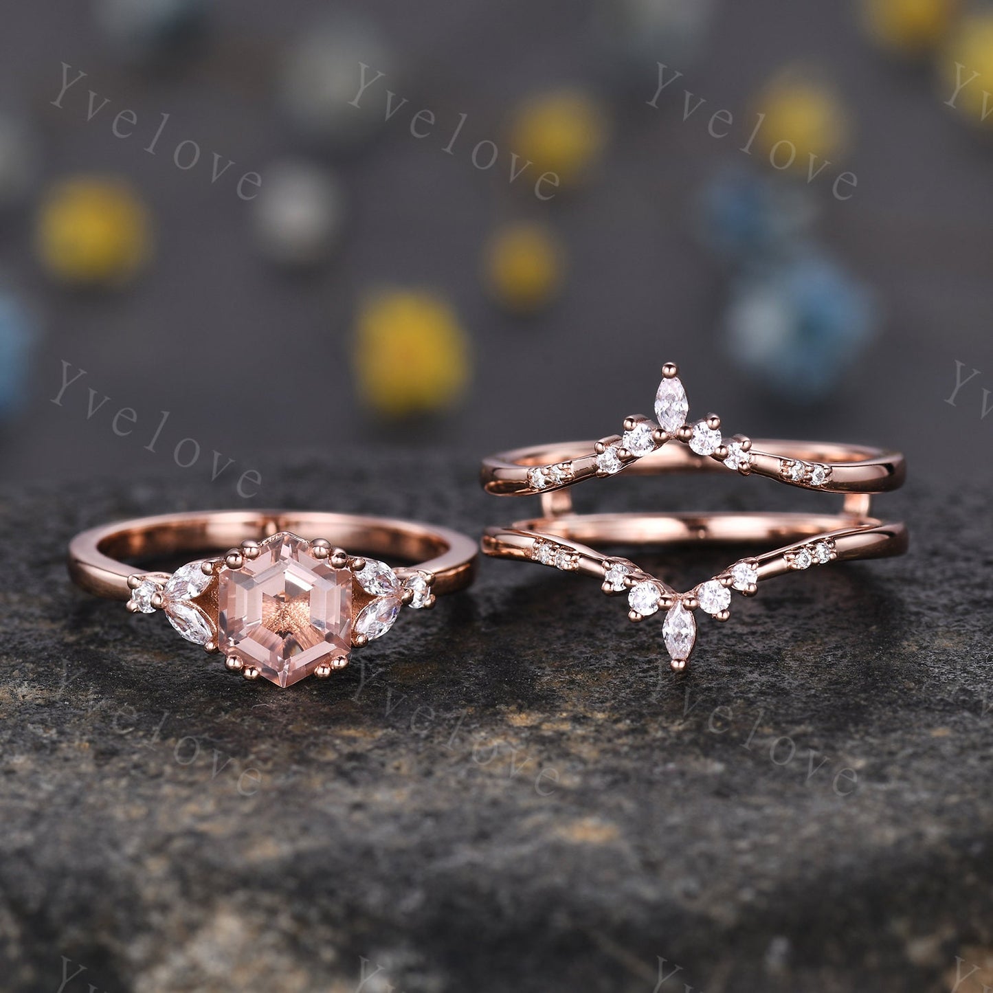 Hexagon Morganite Ring,Morganite Engagement Ring Set,Enhancer Ring,Double Curved band,Women Bridal Ring Stacking Moissanite Wedding Band