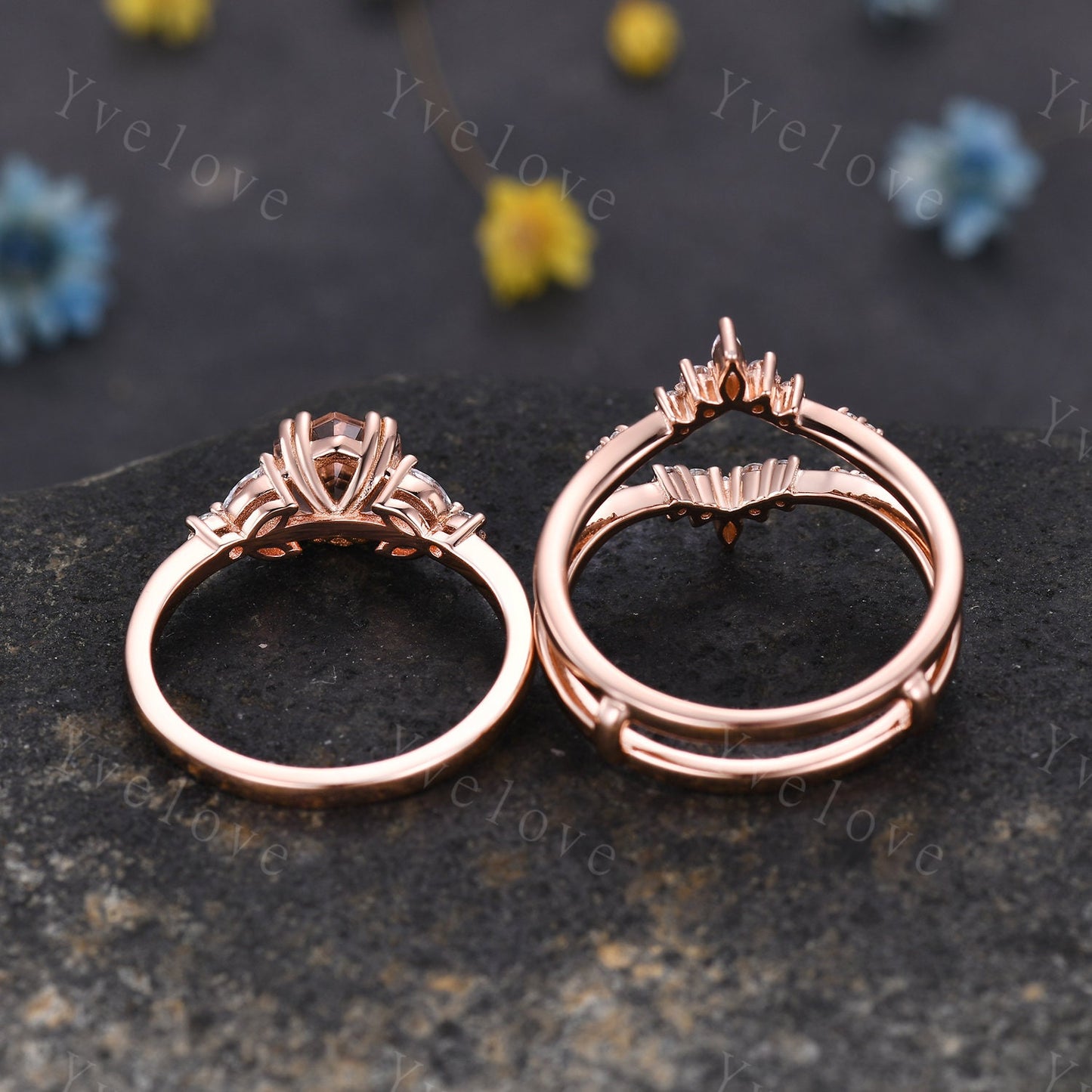 Hexagon Morganite Ring,Morganite Engagement Ring Set,Enhancer Ring,Double Curved band,Women Bridal Ring Stacking Moissanite Wedding Band
