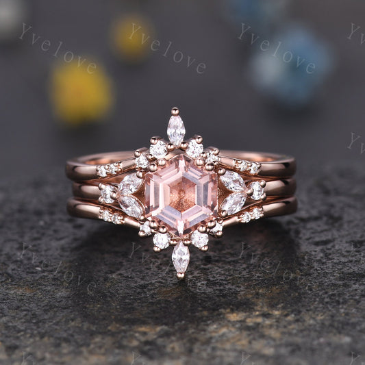 Hexagon Morganite Ring,Morganite Engagement Ring Set,Enhancer Ring,Double Curved band,Women Bridal Ring Stacking Moissanite Wedding Band