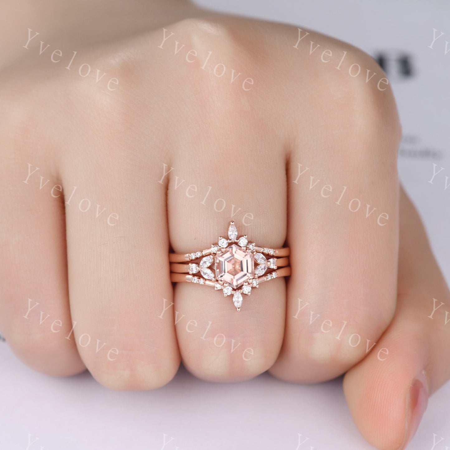 Hexagon Morganite Ring,Morganite Engagement Ring Set,Enhancer Ring,Double Curved band,Women Bridal Ring Stacking Moissanite Wedding Band