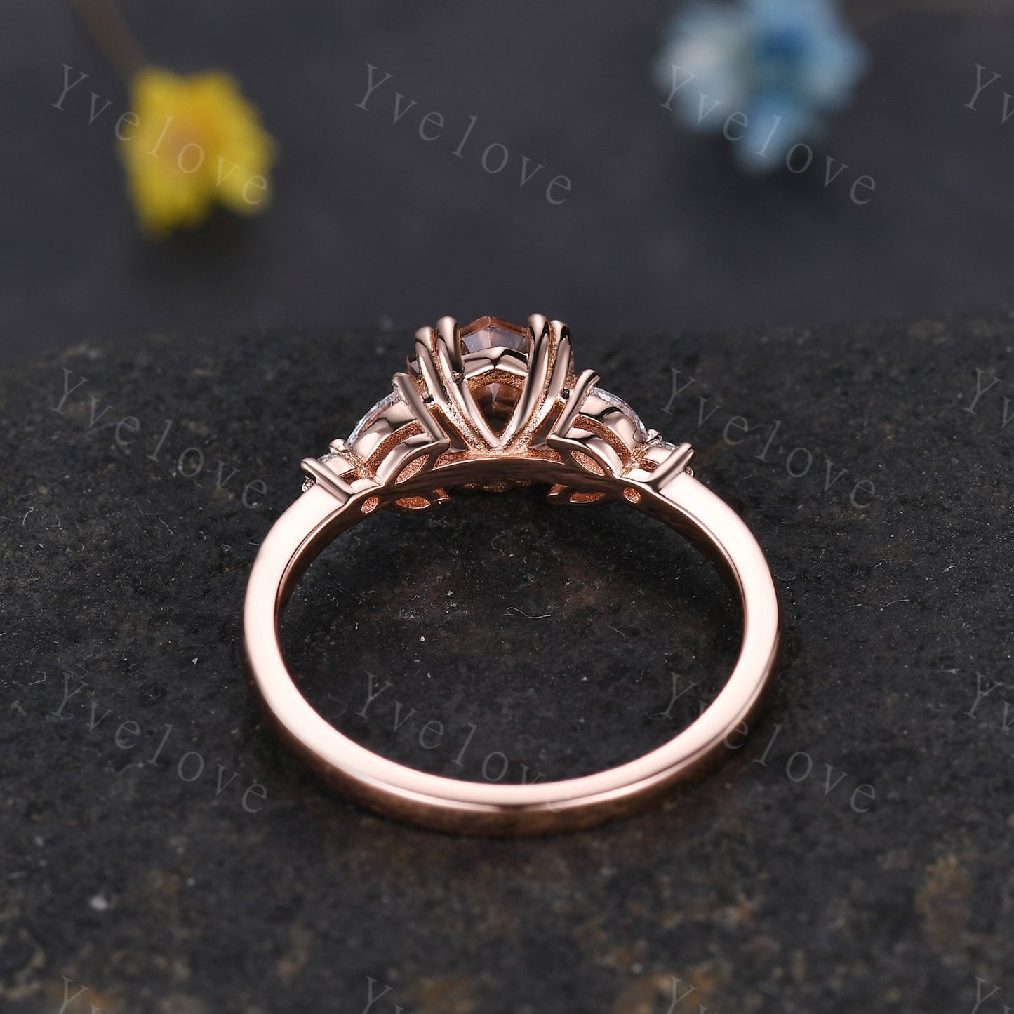 Hexagon Peach Morganite Ring,Morganite Engagement Ring,Enhancer Wedding Ring,Double Curved band,Women Bridal Stacking Moissanite Band,Silver