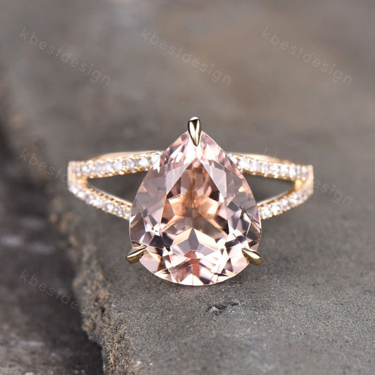 Vintage Morganite Engagement Ring 3CT Teardrop Morganite Ring 14K Solid Gold Ring Split Shank Engagement Ring Bridal Wedding Promise Ring