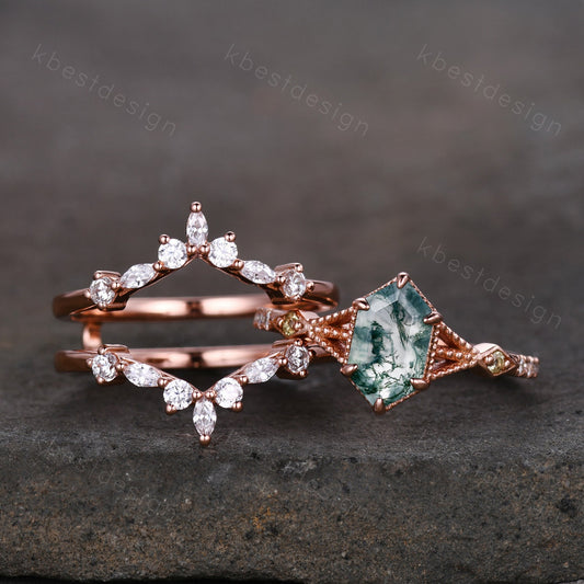 Vintage Hexagon cut Moss Agate Ring Rose Gold Engagement Ring Set Unique Double Curved Moissanite Band Art Deco Wedding Bridal Ring Set