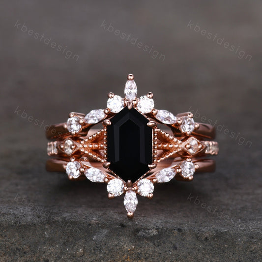 Long Hexagon cut Black Onyx Ring Set Vintage Rose Gold Engagement Ring Unique Double Curved Moissanite Promise Ring Anniversary Ring