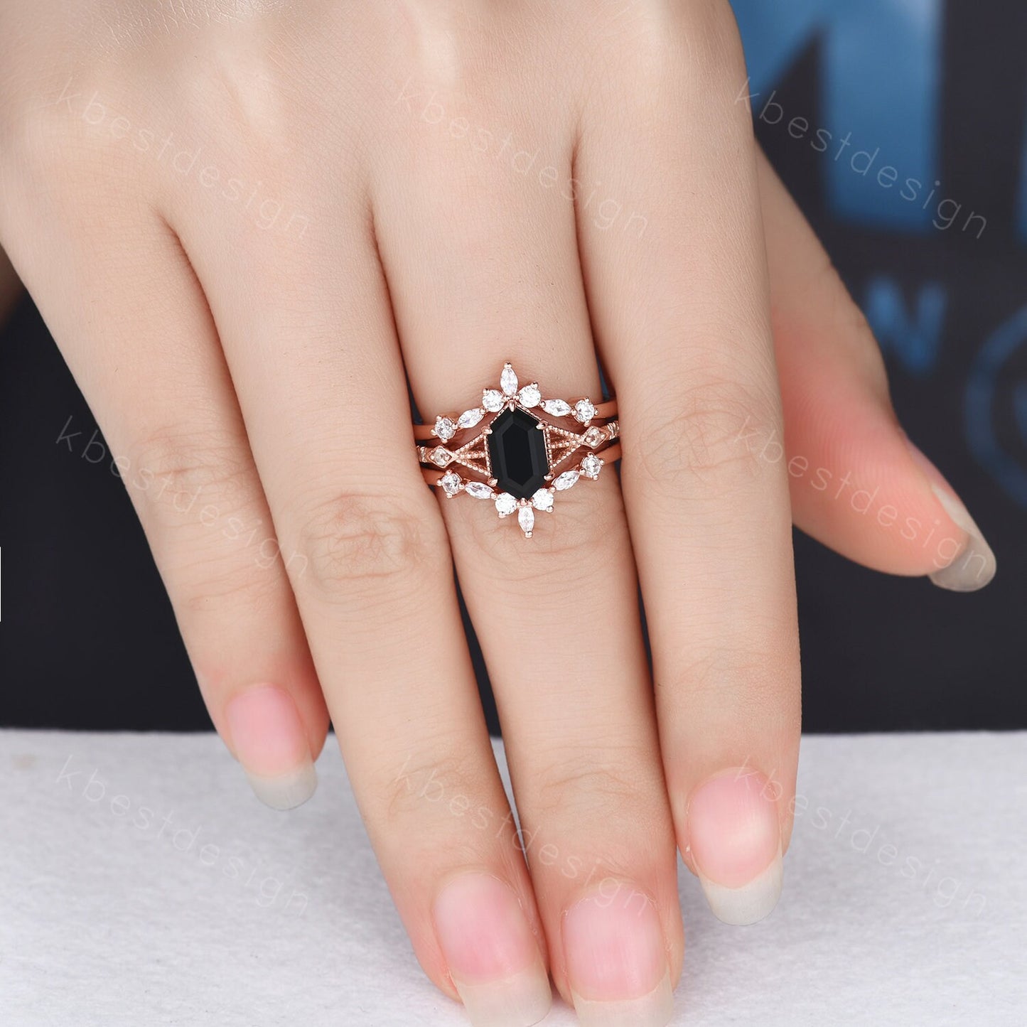 Long Hexagon cut Black Onyx Ring Set Vintage Rose Gold Engagement Ring Unique Double Curved Moissanite Promise Ring Anniversary Ring