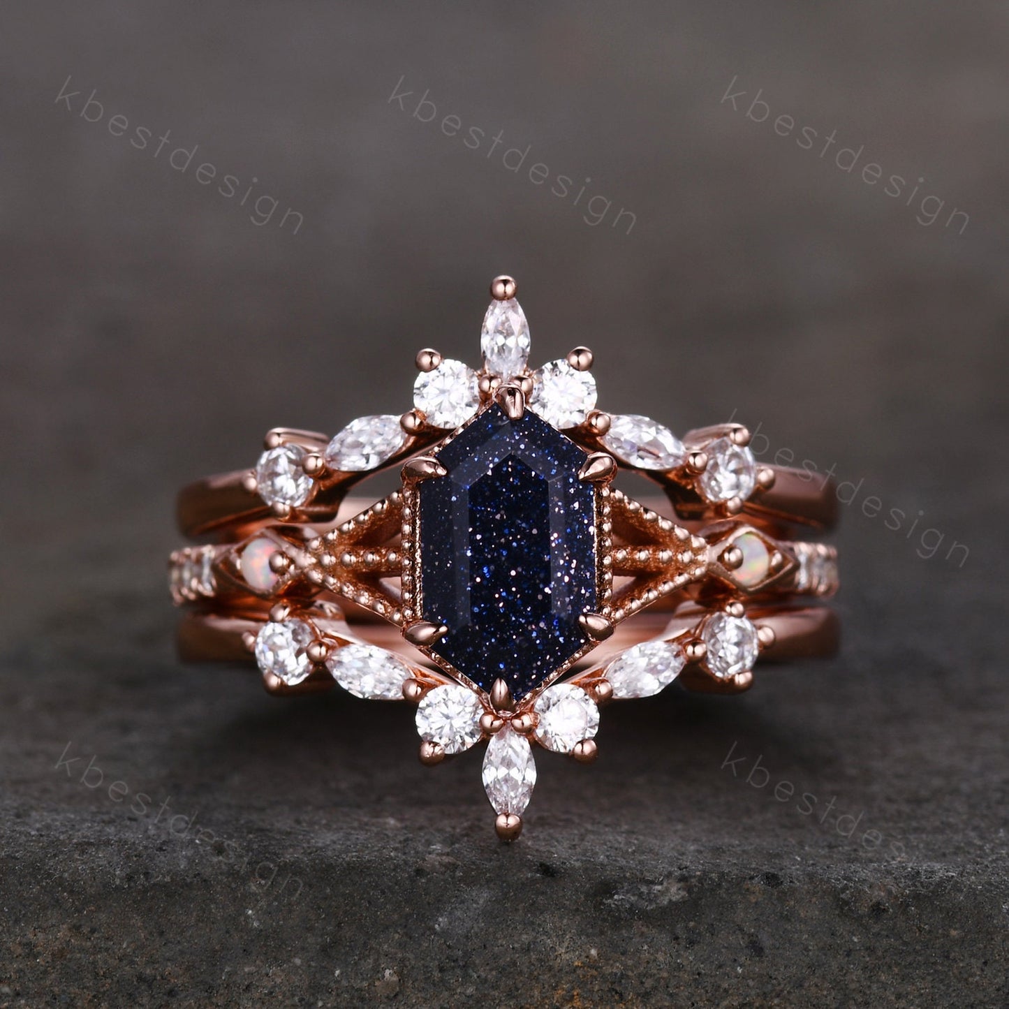 Antique Blue Sandstone Engagement Ring Set Yellow Gold Hexagon cut Ring Unique Art Deco Moissanite Stacking Matching Band Bridal Promise Set
