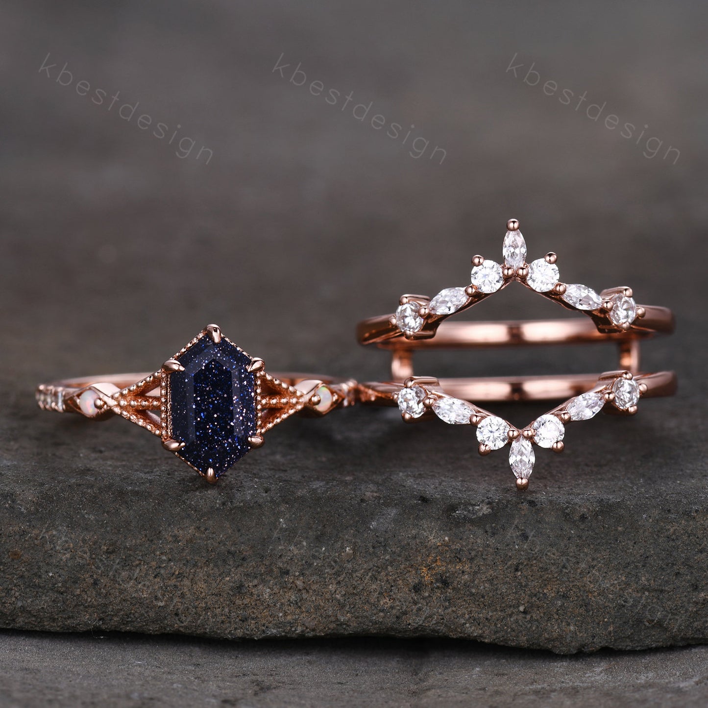 Antique Blue Sandstone Engagement Ring Set Yellow Gold Hexagon cut Ring Unique Art Deco Moissanite Stacking Matching Band Bridal Promise Set