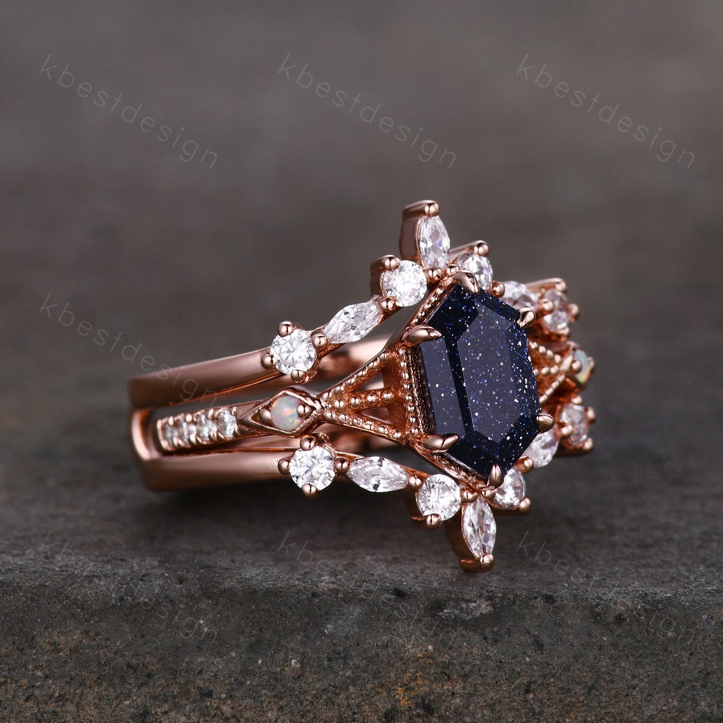 Antique Blue Sandstone Engagement Ring Set Hexagon cut Engagement Ring Unique Art Deco Moissanite Stacking Matching Band Bridal Promise Set