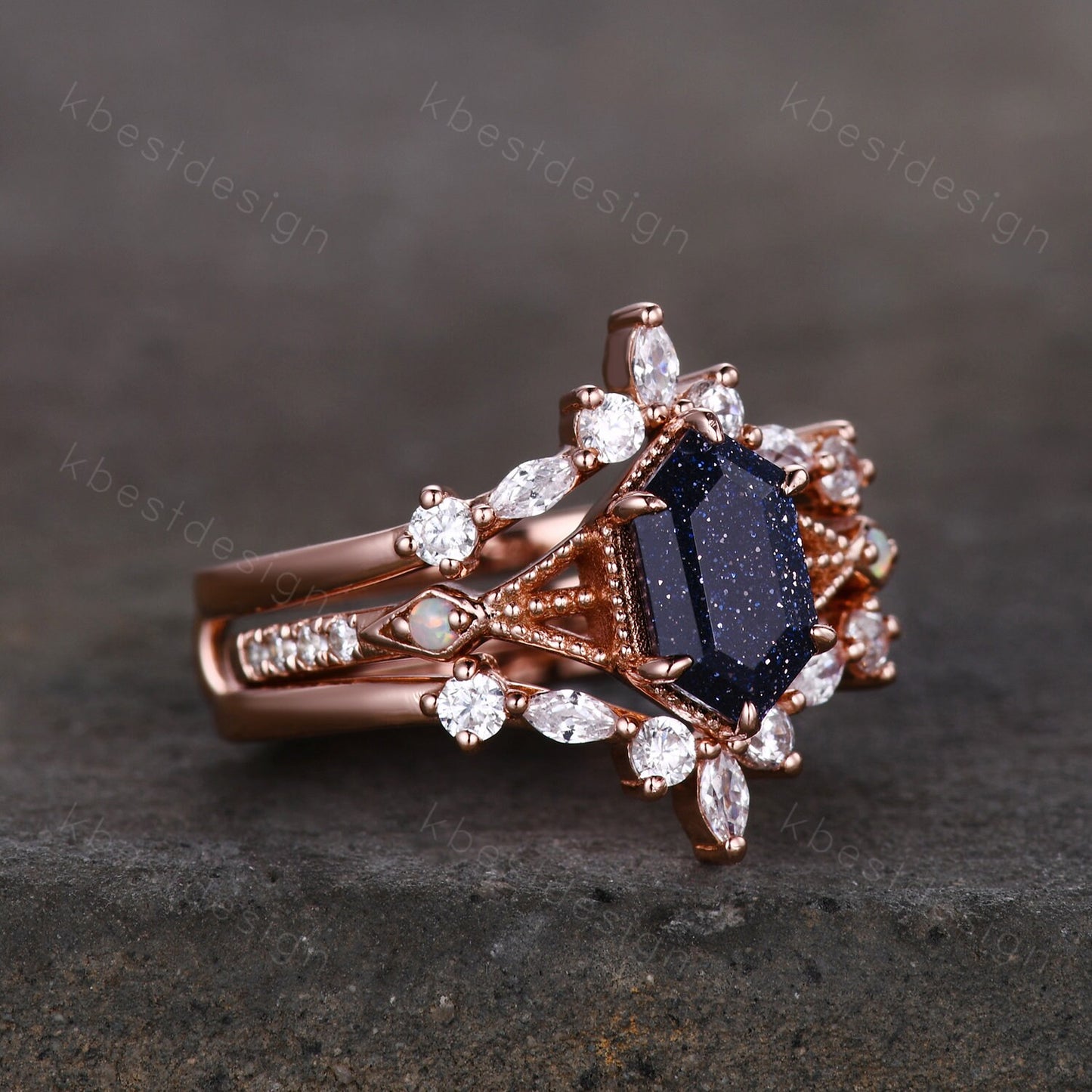 Antique Blue Sandstone Engagement Ring Set Hexagon cut Engagement Ring Unique Art Deco Moissanite Stacking Matching Band Bridal Promise Set