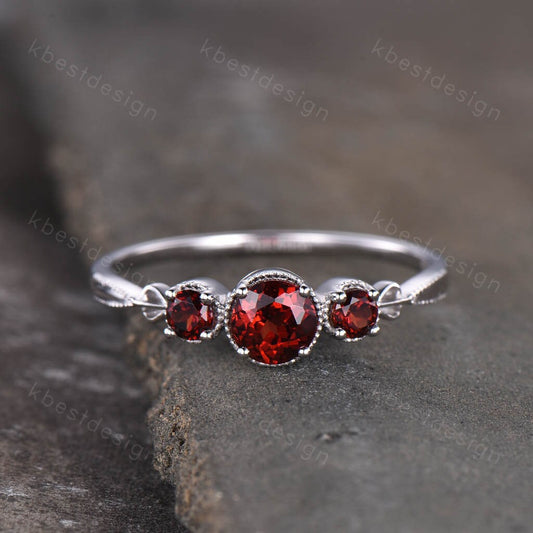 Garnet Ring Unique Round cut Garnet Engagement Ring Three Stone Ring Art Deco Wedding Ring January Birthstone Anniversary Ring for Women